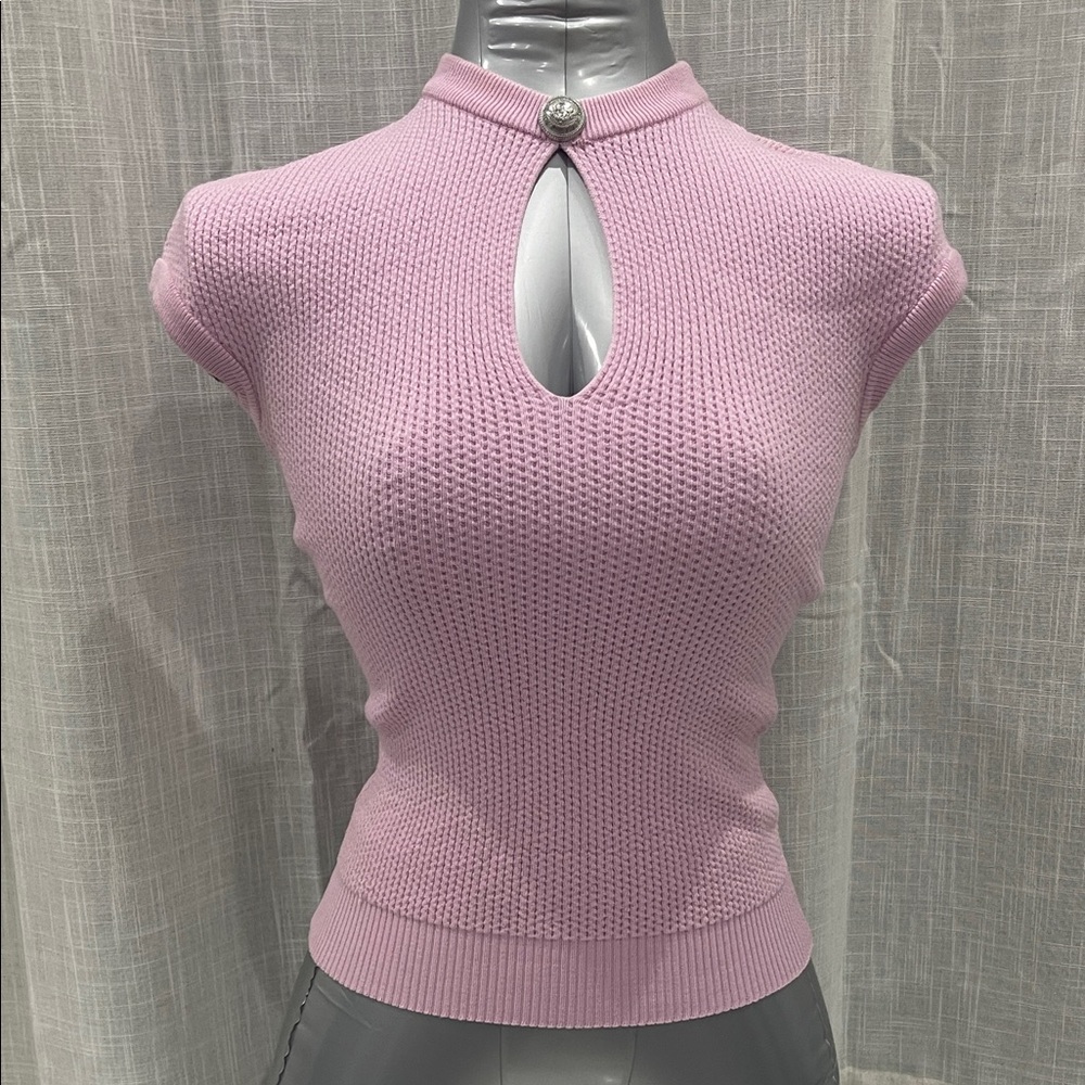 Balmain Lilac Knit Cap Sleeve Top with Signature Button